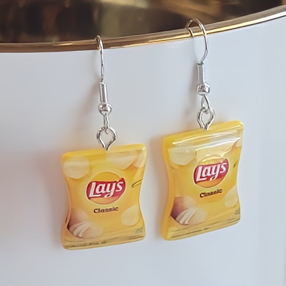 New Handmade "Bag of Potato Chips" Dangle Earrings (1.9" long x 0.75" wide) - Picture 3 of 5